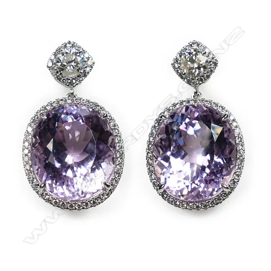 A pair of 14ct white gold, kunzite and diamond drop earrings,