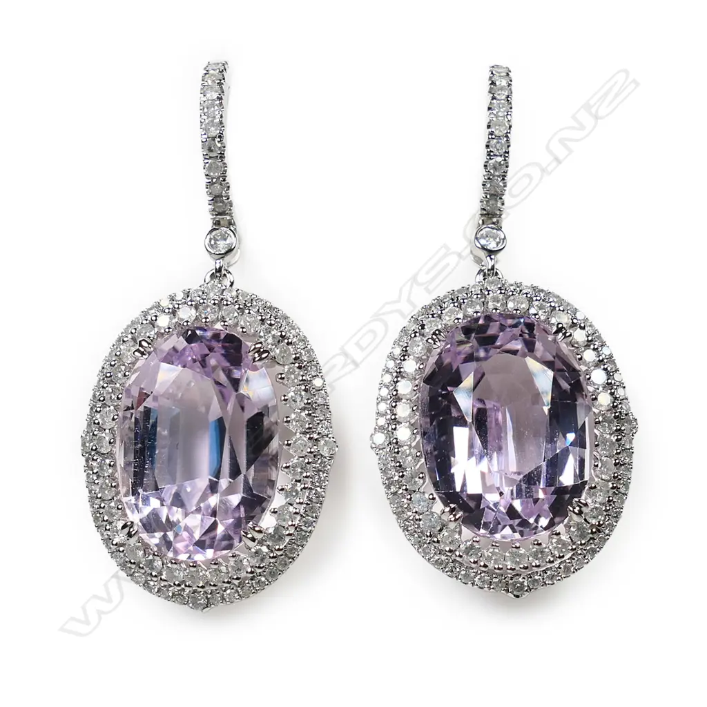 A pair of 14ct white gold, kunzite and diamond drop earrings, Image 1++