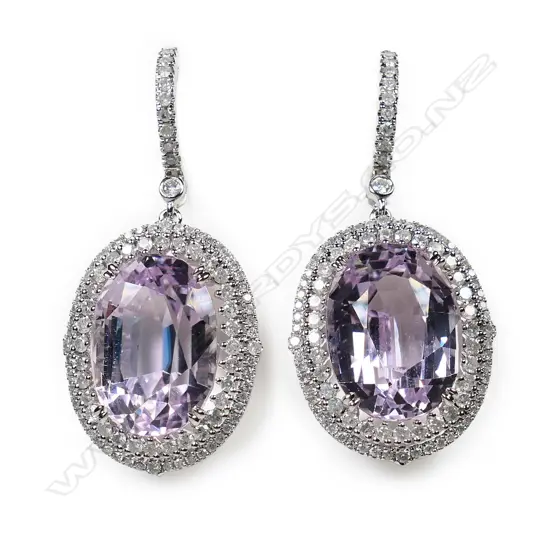 A pair of 14ct white gold, kunzite and diamond drop earrings,