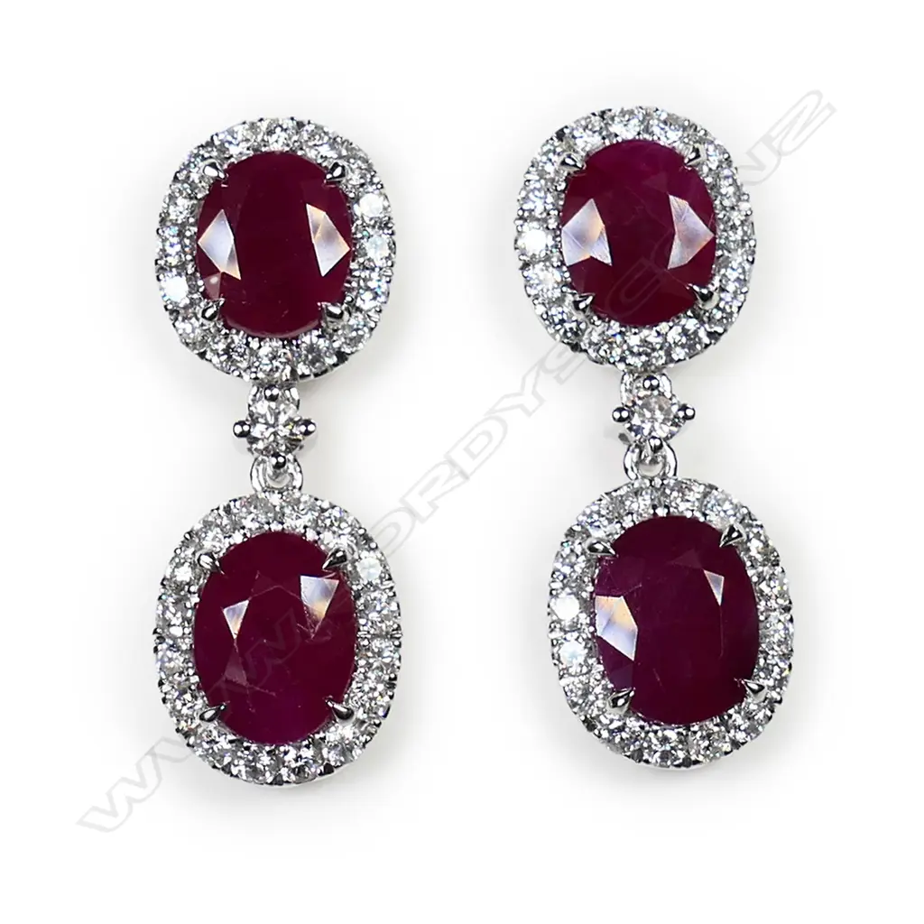 A pair of 14ct white gold, ruby and diamond drop earrings, Image 1++