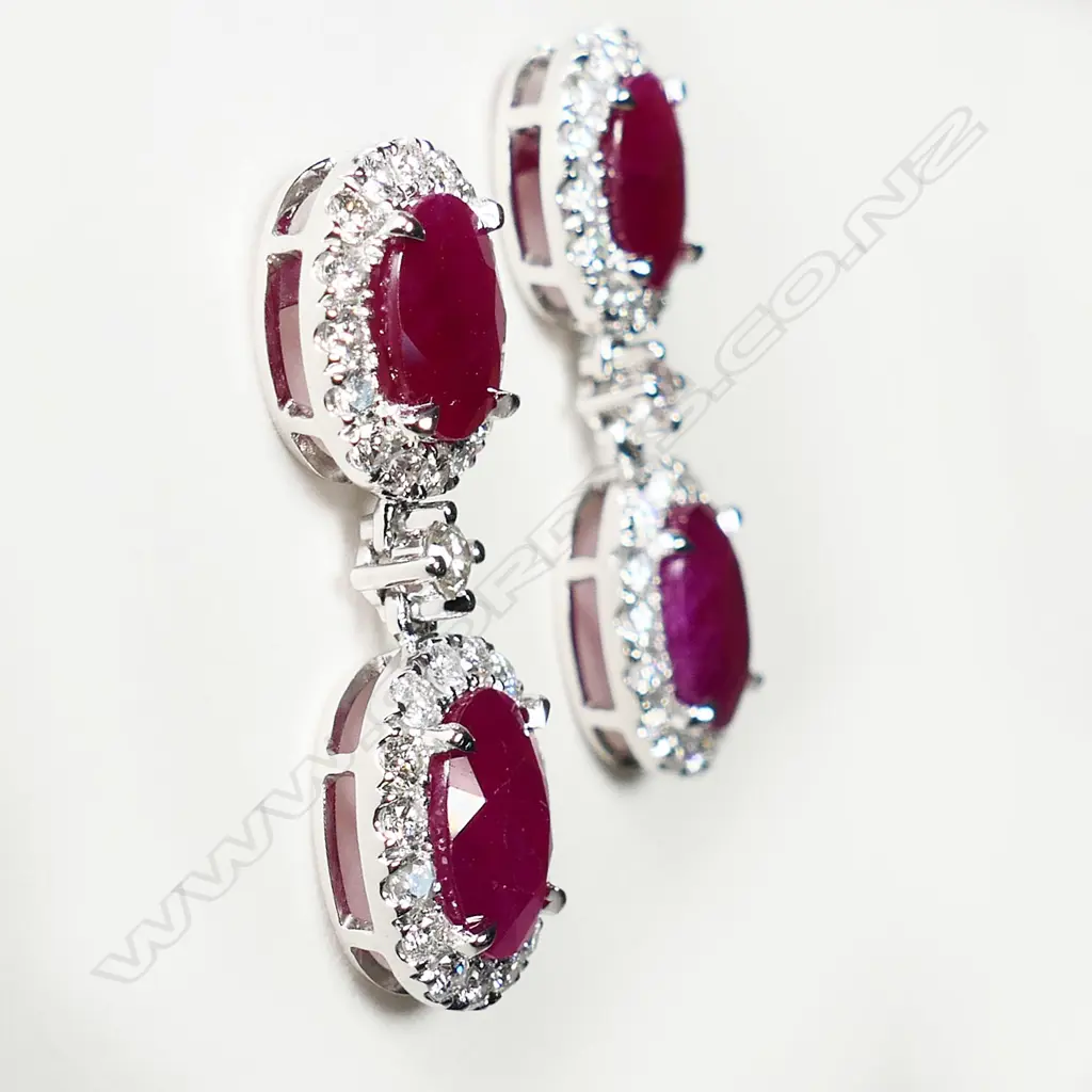 A pair of 14ct white gold, ruby and diamond drop earrings, Image 1++