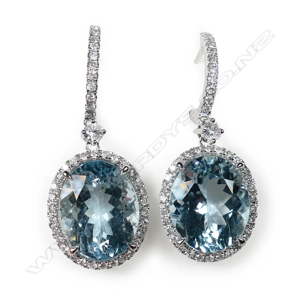 A pair of 14ct white gold, aquamarine and diamond halo huggie drop earrings, Image 1++