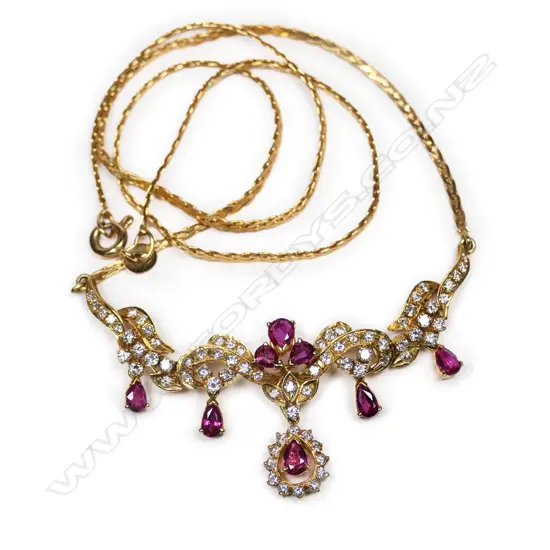 A 14ct gold, ruby and diamond necklace,