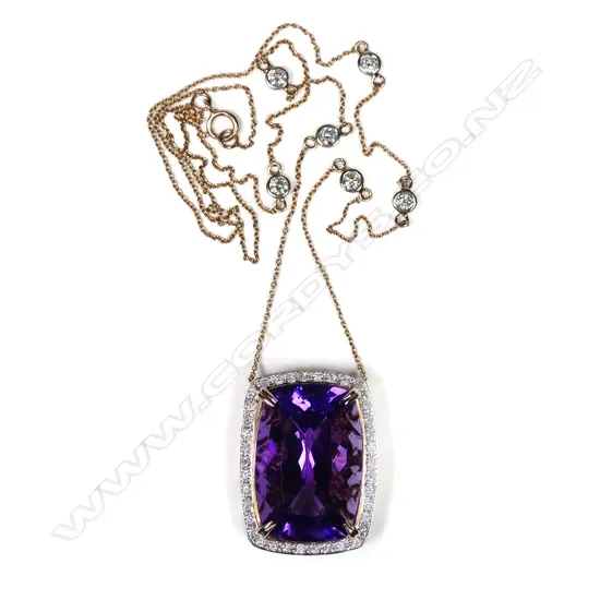 A 14ct rose gold, amethyst and diamond  necklace,