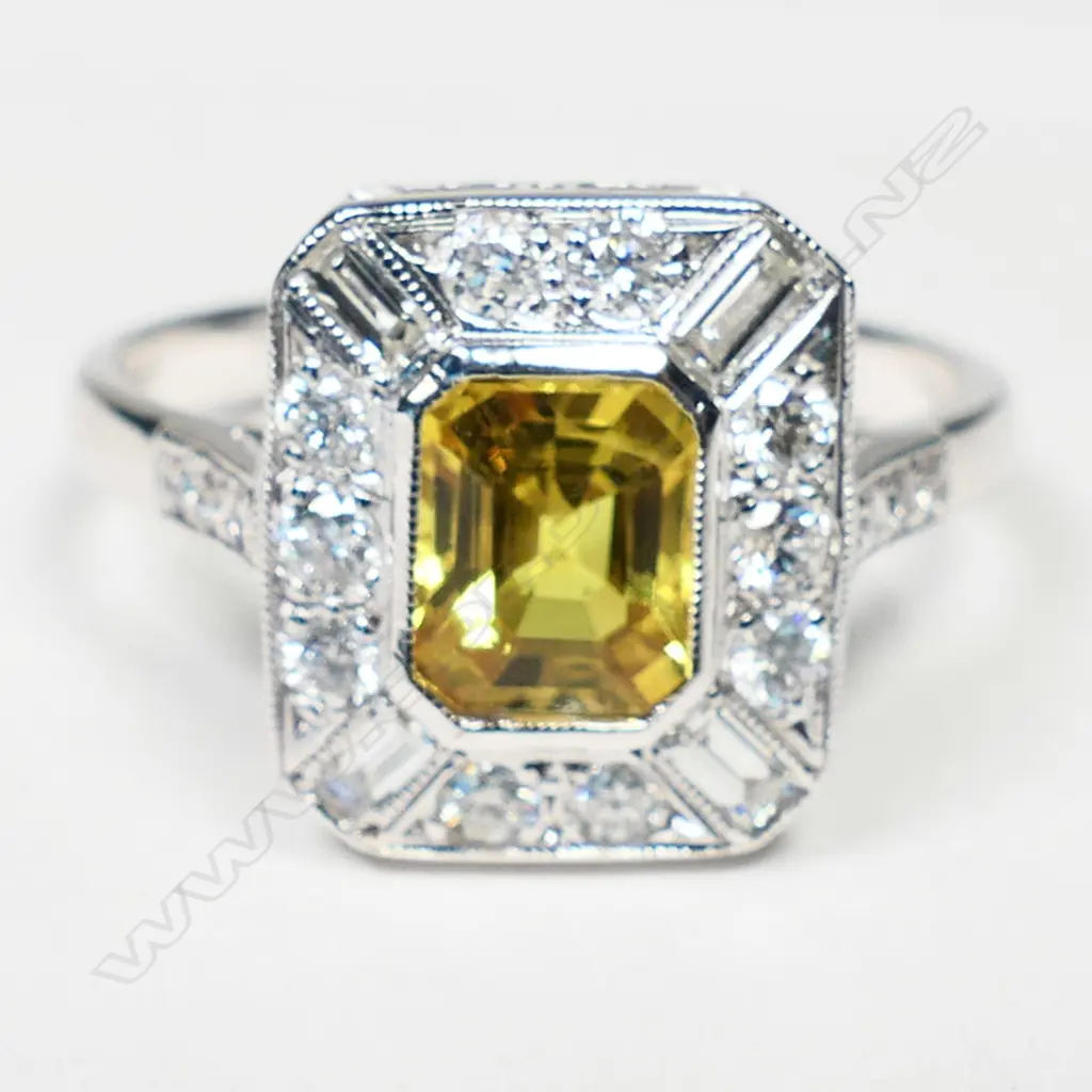 An 18ct white gold, yellow sapphire and diamond Art Deco style ring, Image 1++