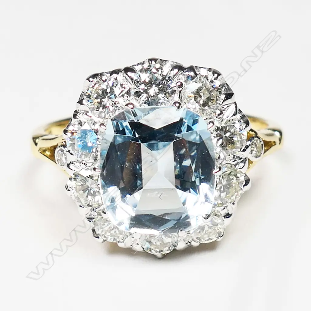 An 18ct white and yellow gold aquamarine and diamond Art Deco style ring, Image 1++