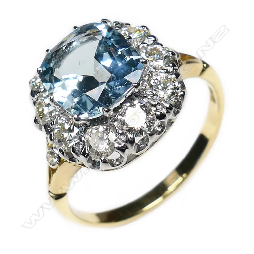 An 18ct white and yellow gold aquamarine and diamond Art Deco style ring, Image 1++