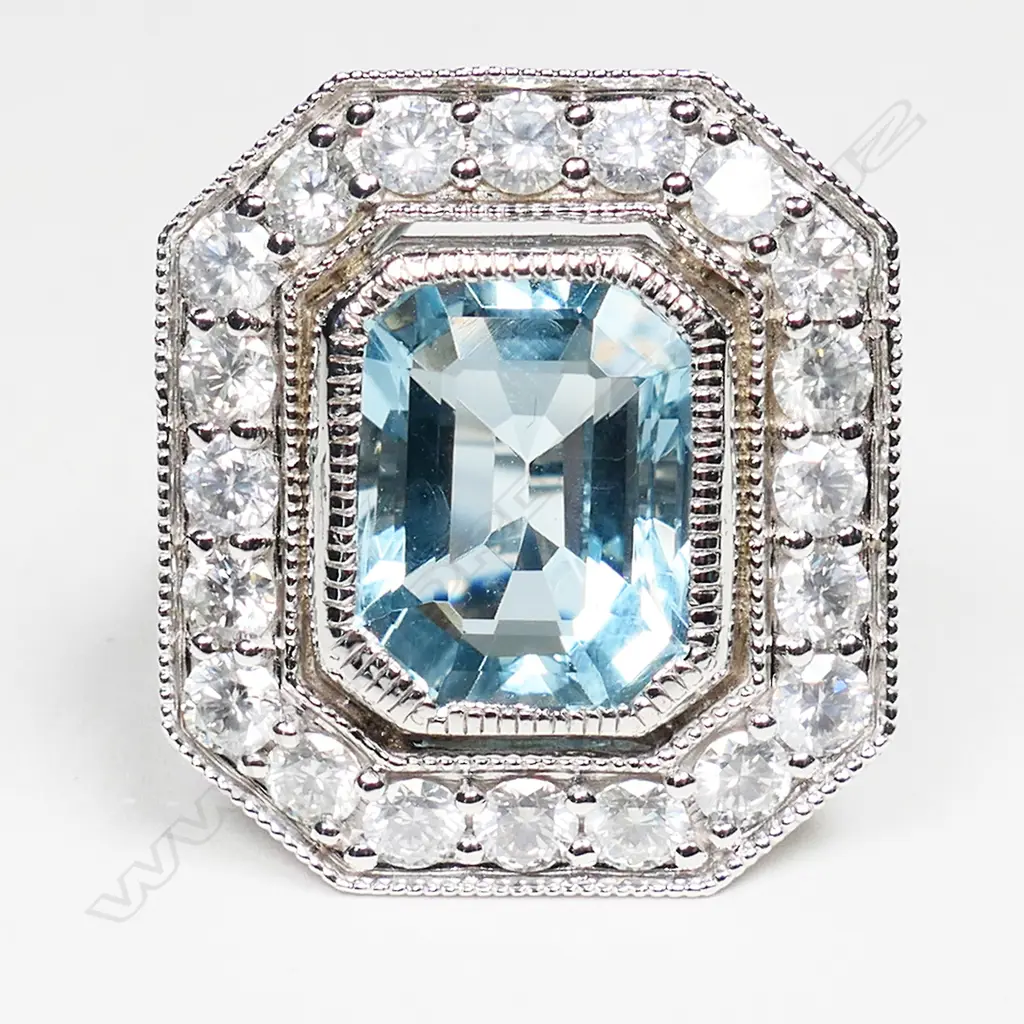 A 14ct white gold, aquamarine and diamond Art Deco style ring, Image 1++