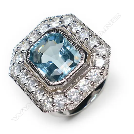 A 14ct white gold, aquamarine and diamond Art Deco style ring,