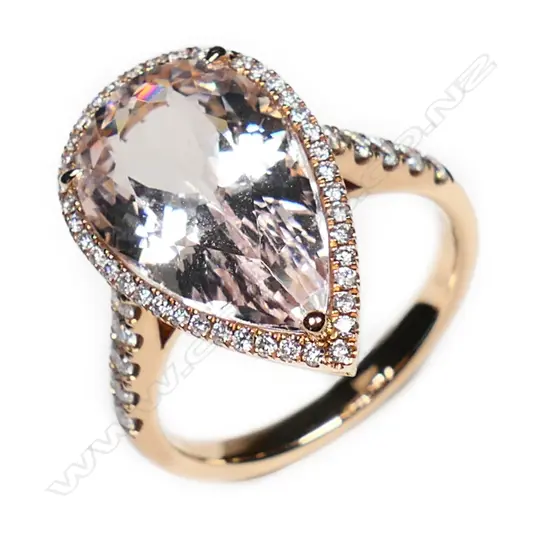 An 18ct rose gold, morganite and diamond halo ring,