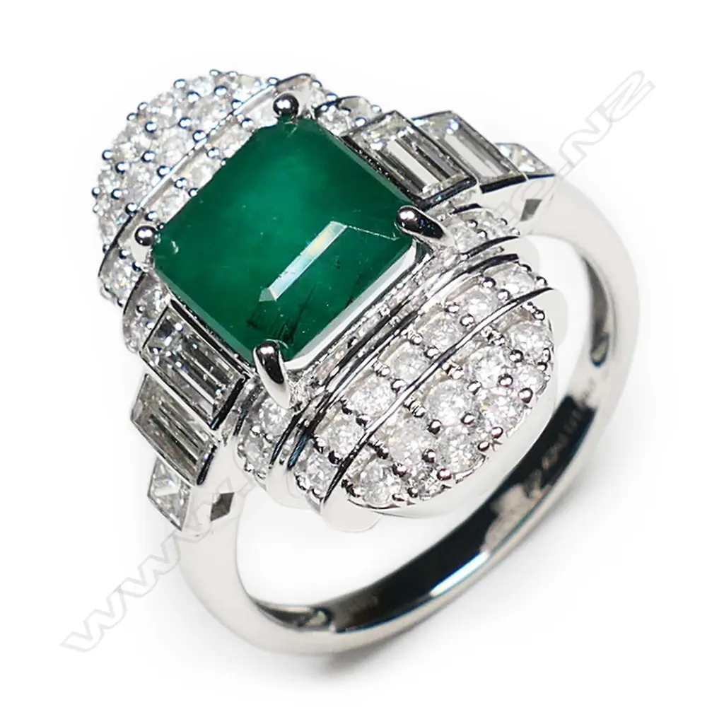 A 14ct white gold, emerald and diamond Art Deco style ring, Image 1++