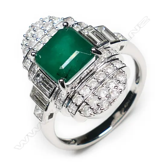 A 14ct white gold, emerald and diamond Art Deco style ring,