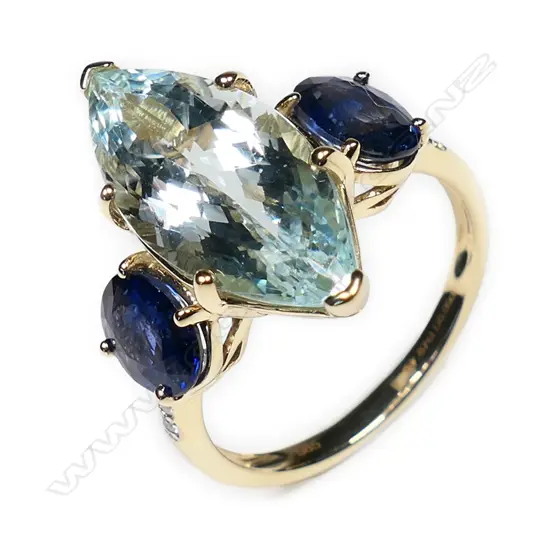 A 14ct gold, aquamarine, sapphire and diamond Art Deco style ring,