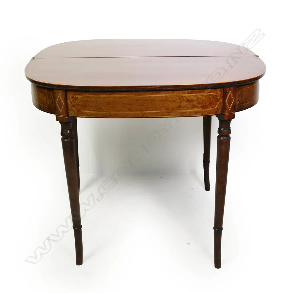 A 19thC mahogany demi lune flap top table, Image 1++
