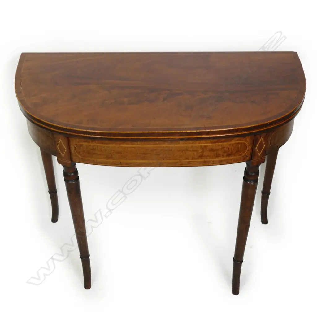 A 19thC mahogany demi lune flap top table, Image 1++