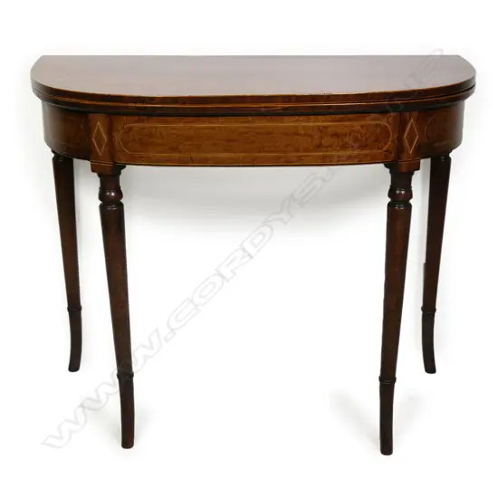 A 19thC mahogany demi lune flap top table,