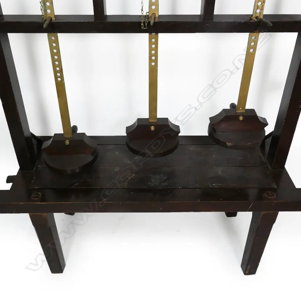 A vintage large wood and brass Dutch triple lever cheese press, Image 1++