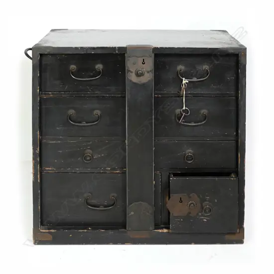 A 19thC Japanese black lacquer locking small personal tansu chest