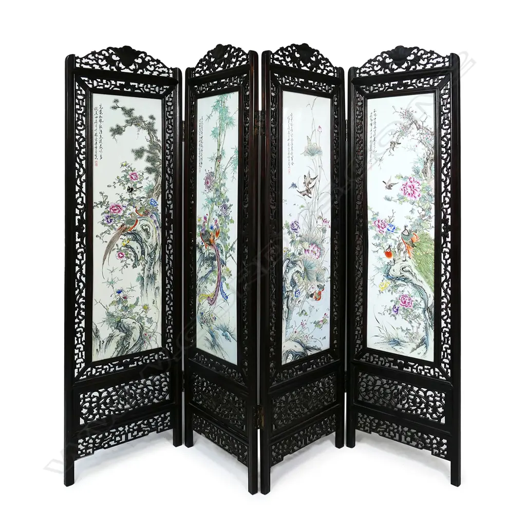 A Chinese hardwood and famille rose four-fold screen, Image 1++