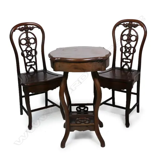 A pair of Chinese rosewood chairs and occasional table,