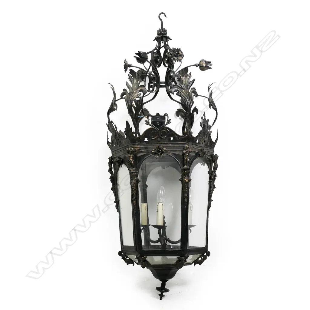 A large wrought iron, pressed metal and glass French style portico light, Image 1++