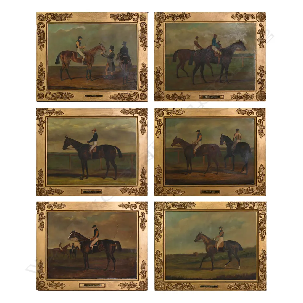 A set of six 19thC oil paint on print John Scott trained thoroughbred racehorse artworks, Image 1++