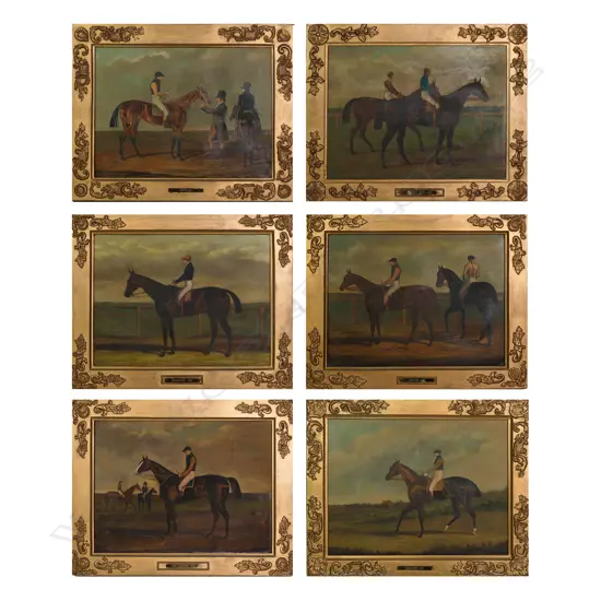 A set of six 19thC oil paint on print John Scott trained thoroughbred racehorse artworks,