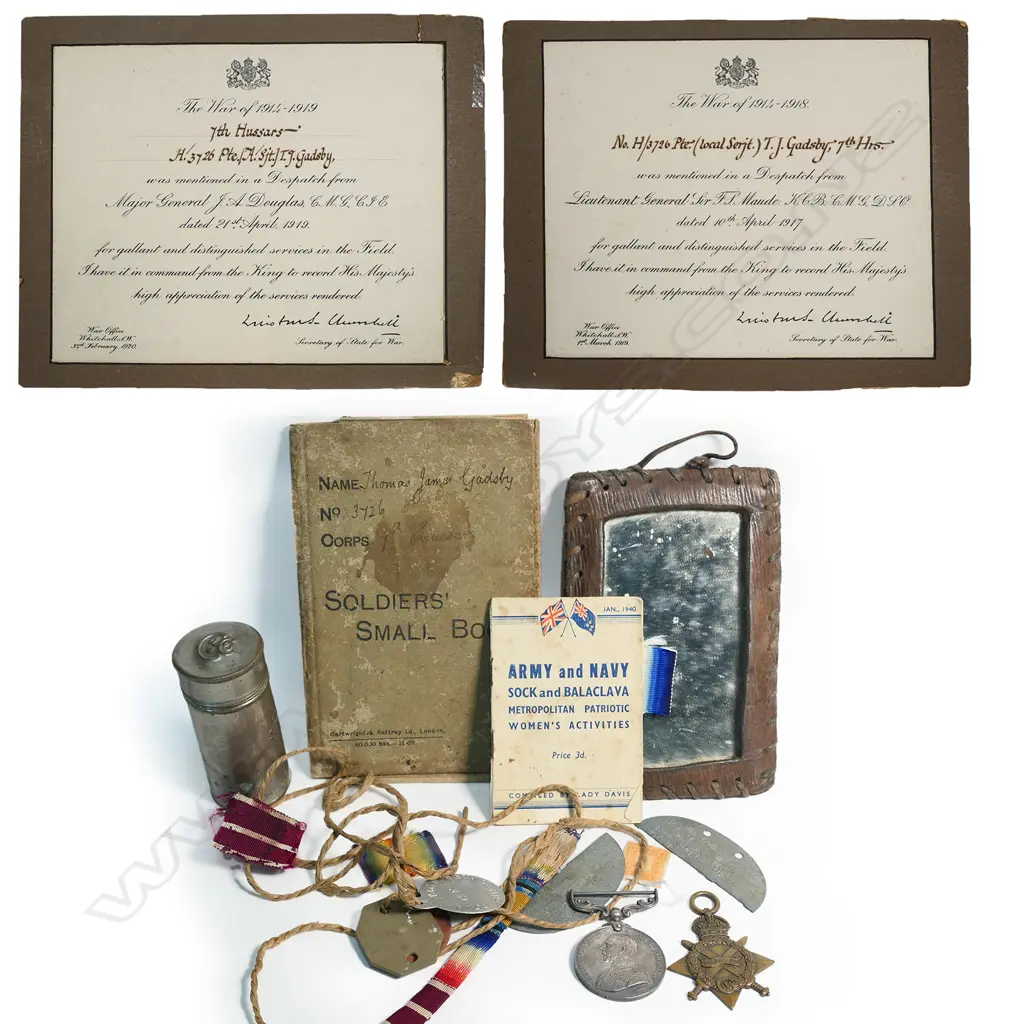 A Collection of WWI medals and other items associated to H.3726 Pte. Thomas James Gadsby. 7th Hussars, Image 1++