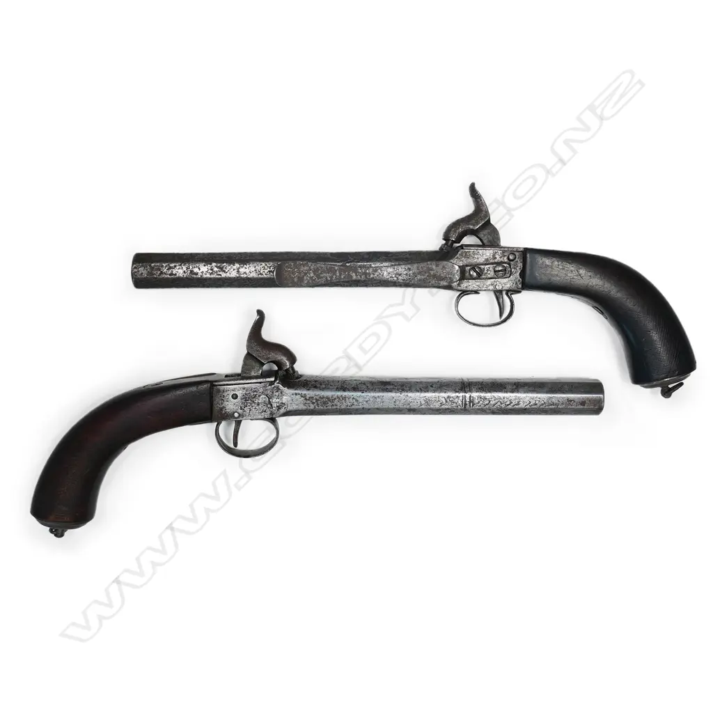A pair of late 18thC French or Belgium percussion pistols, with belt hangers, Image 1++