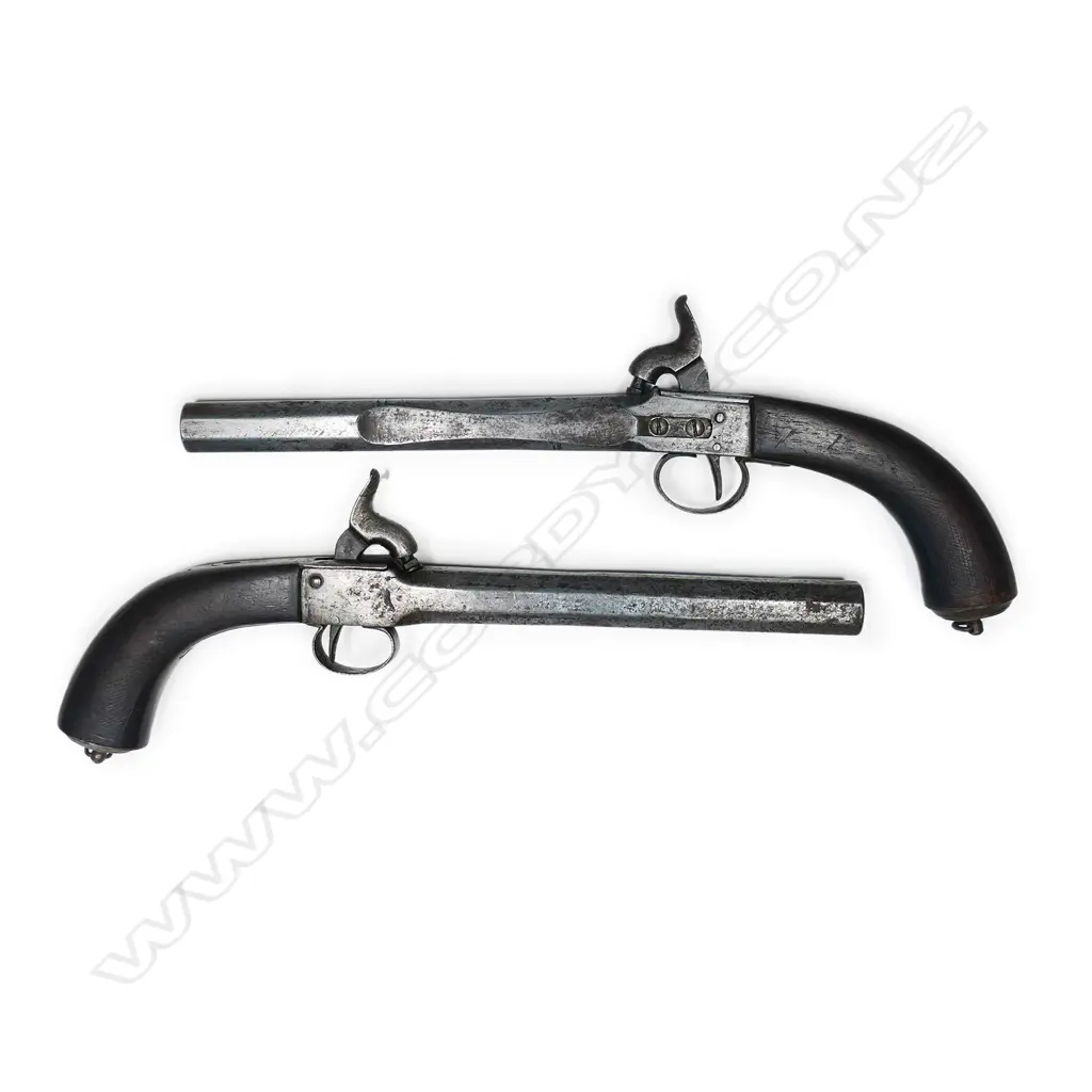 A pair of late 18thC French or Belgium percussion pistols, with belt hangers, Image 1++