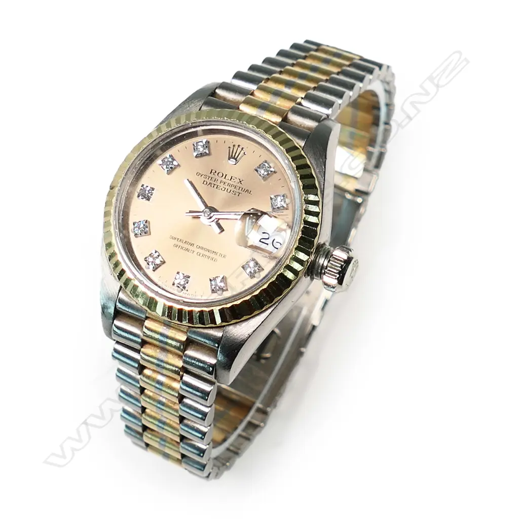 An 18ct white gold Rolex Date-just Oyster Perpetual lady's watch, 26mm, fluted yellow gold bezel, Image 1++