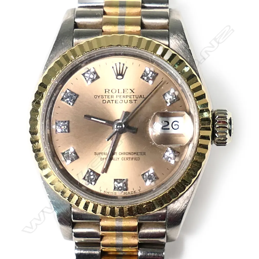 An 18ct white gold Rolex Date-just Oyster Perpetual lady's watch, 26mm, fluted yellow gold bezel, Image 1++