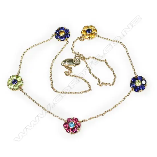A 14ct gold multi-gem set cluster necklace,