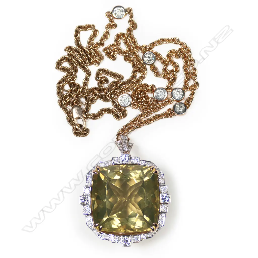 A 14ct rose gold, lemon quartz and diamond halo pendant necklace, Image 1++