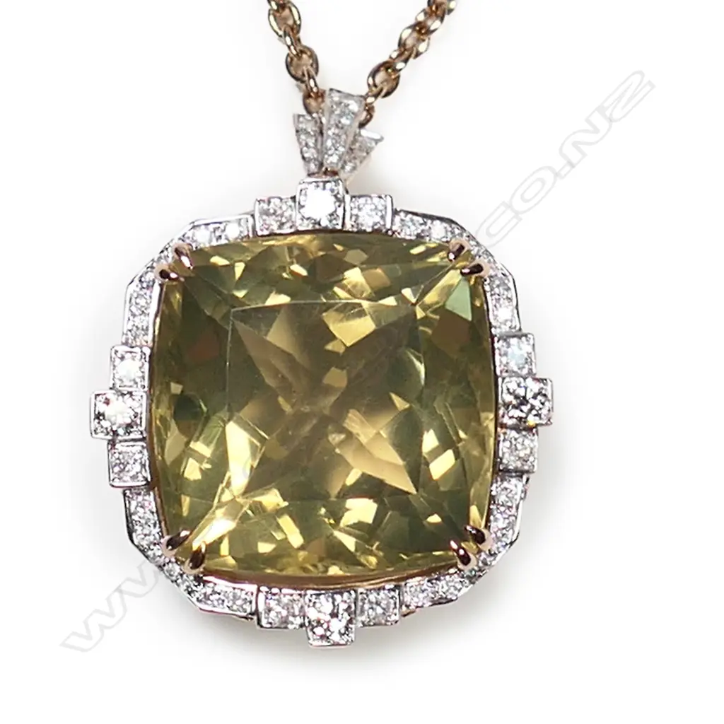 A 14ct rose gold, lemon quartz and diamond halo pendant necklace, Image 1++
