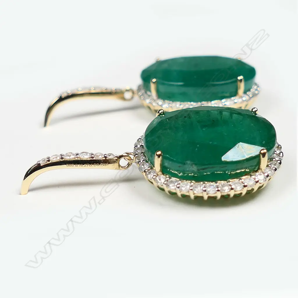 A pair of 14ct gold, emerald and diamond halo drop earrings, Image 1++