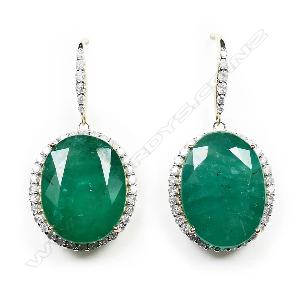 A pair of 14ct gold, emerald and diamond halo drop earrings, Image 1++