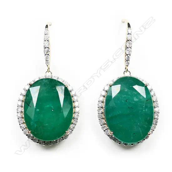A pair of 14ct gold, emerald and diamond halo drop earrings,