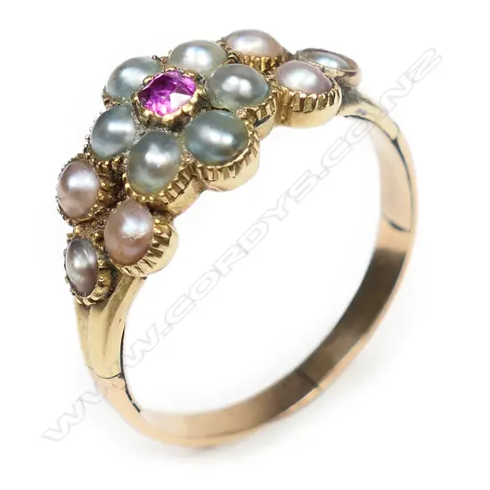 A George III gold pearl and ruby ring,