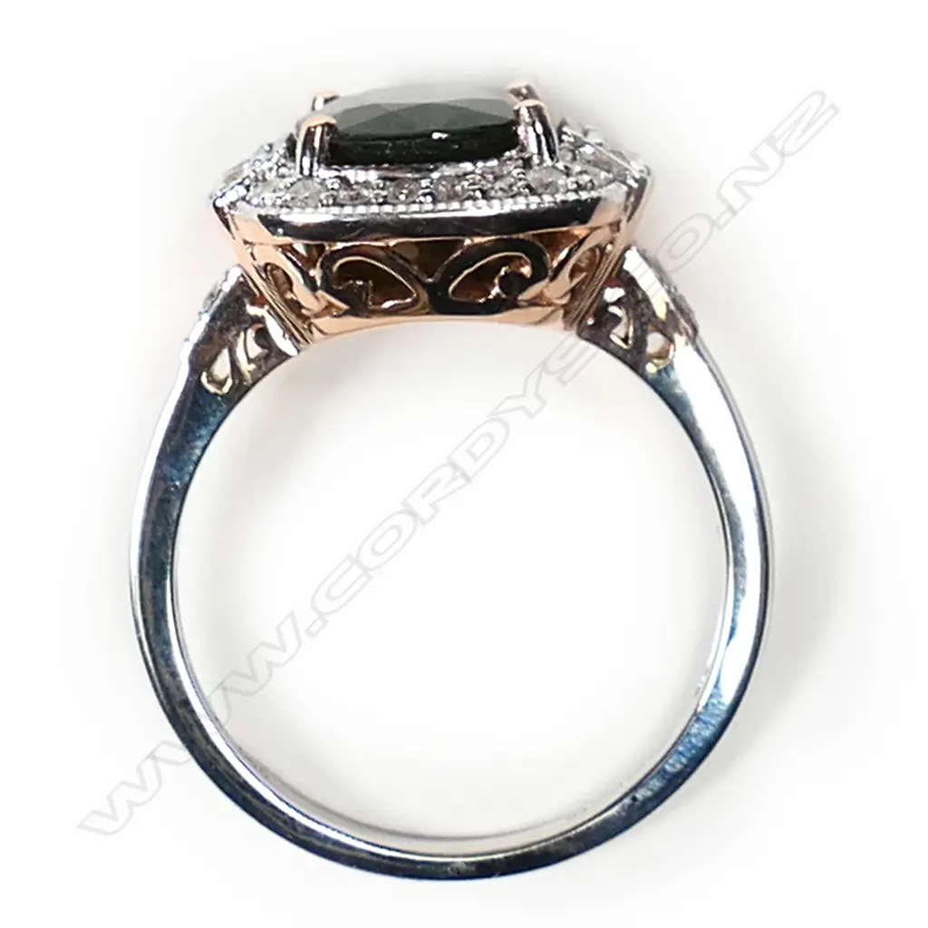 A 14ct rose and white gold, green sapphire and diamond antique style ring, Image 1++
