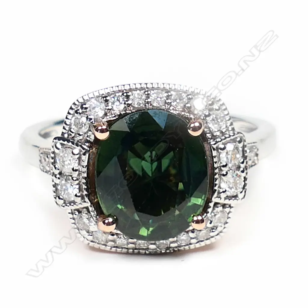 A 14ct rose and white gold, green sapphire and diamond antique style ring, Image 1++