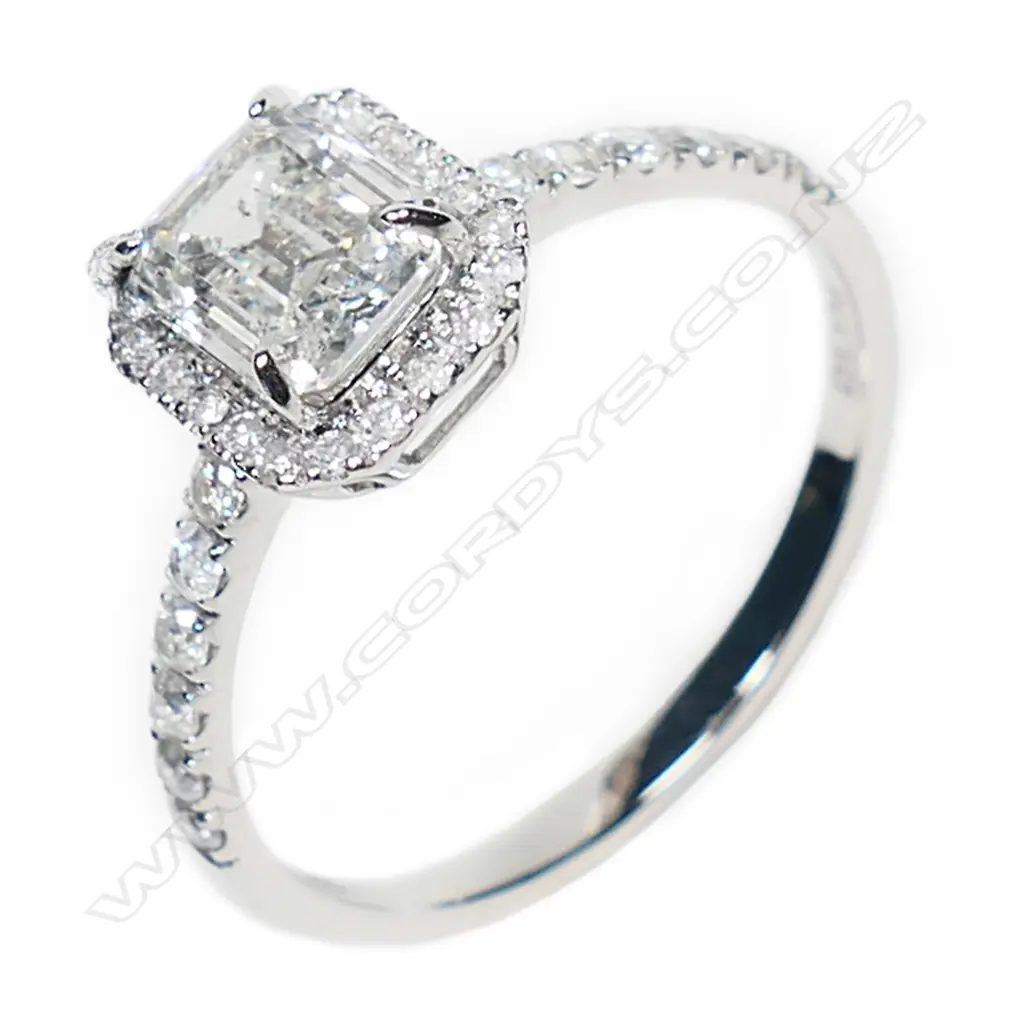 A 14ct white gold and diamond halo ring, Image 1++