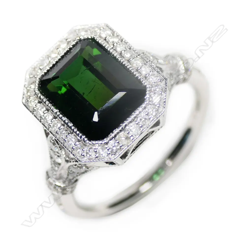 A 14ct white gold, green tourmaline and diamond Art Deco style ring, Image 1++