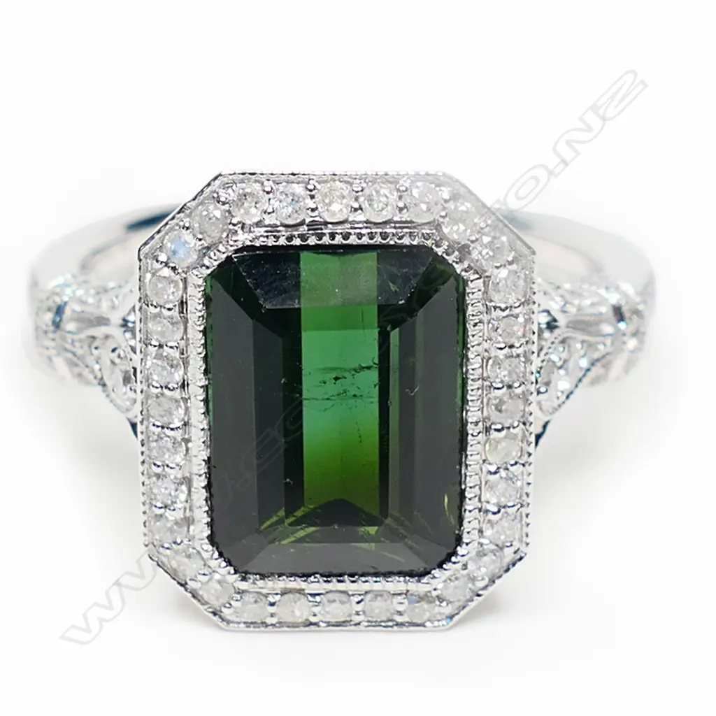 A 14ct white gold, green tourmaline and diamond Art Deco style ring, Image 1++