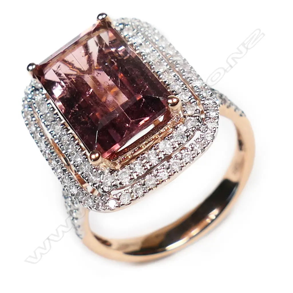 A 14ct rose gold, pink tourmaline and diamond double halo ring, Image 1++