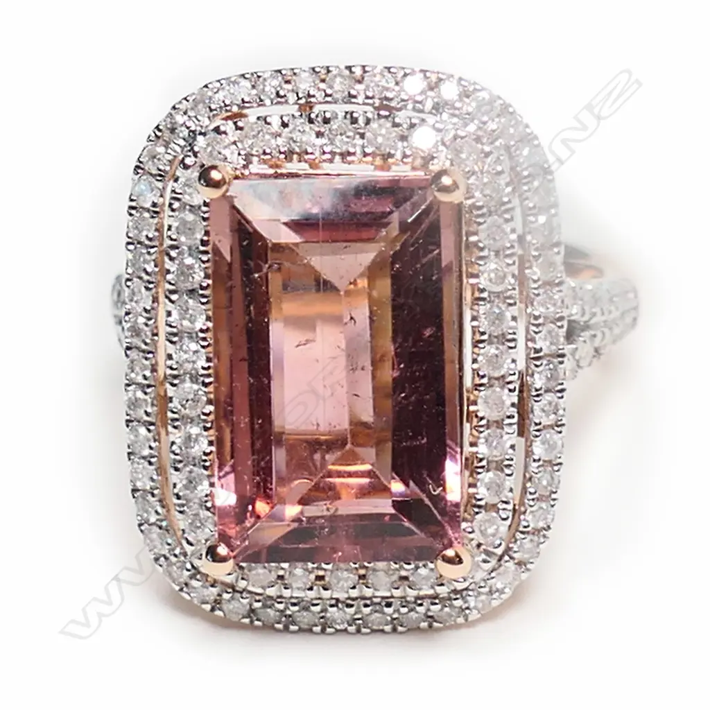 A 14ct rose gold, pink tourmaline and diamond double halo ring, Image 1++