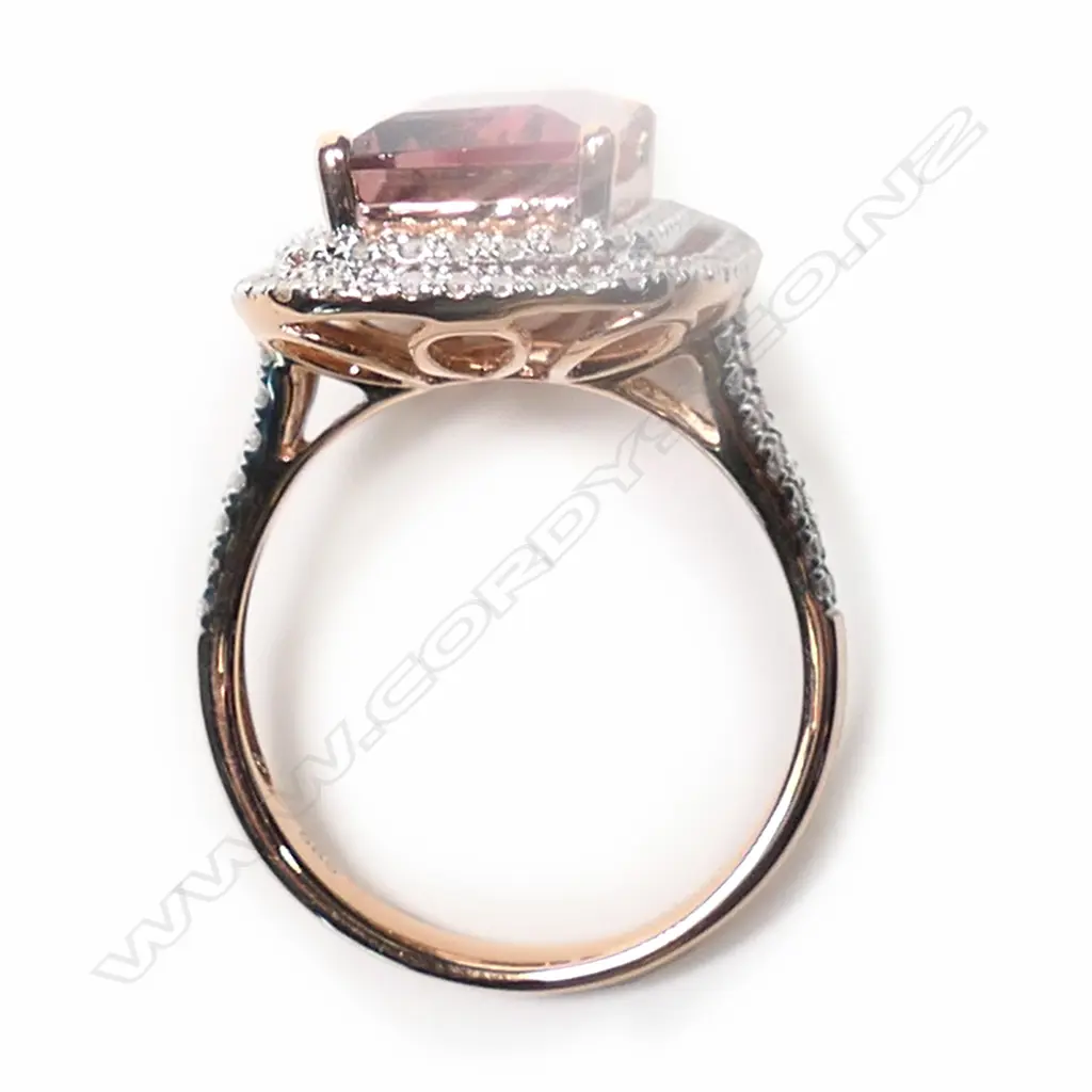 A 14ct rose gold, pink tourmaline and diamond double halo ring, Image 1++