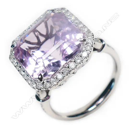 A 14ct white gold, kunzite and diamond cocktail ring,