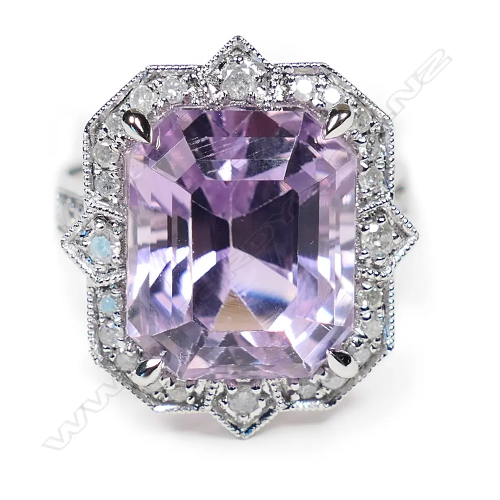 A 14ct white gold, kunzite and diamond halo ring, Image 1++