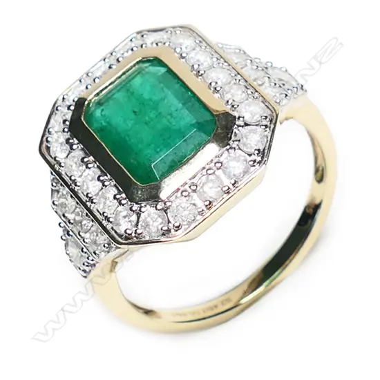 A 14ct gold, emerald and diamond Art Deco style ring,